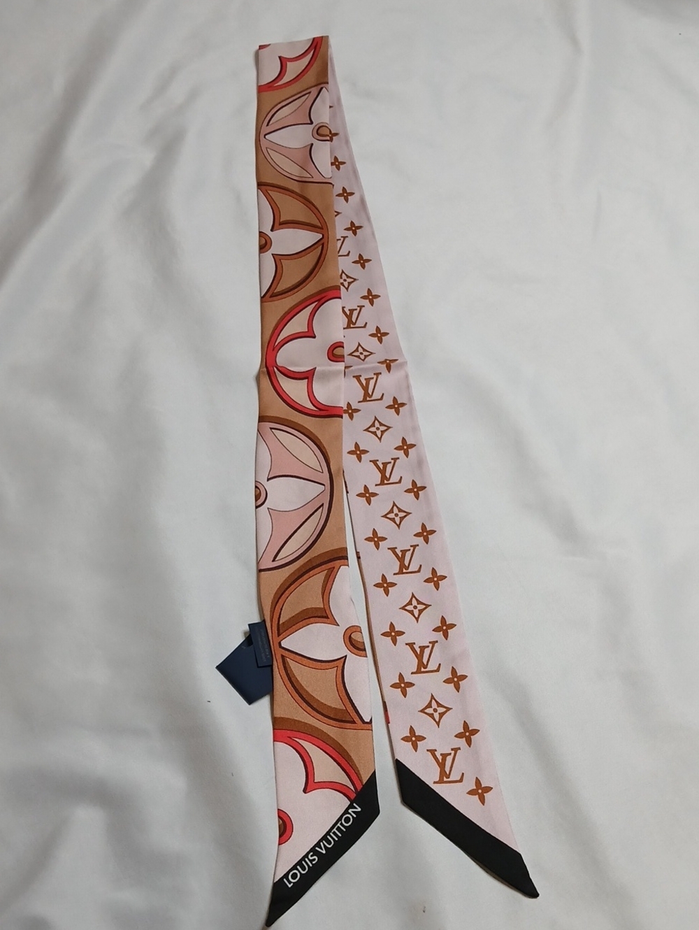 Louis Vuitton Pink, Brown & Coral Monogram Silk Twilly Scarf